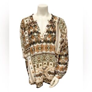 Calvin Klein Boho Earth Tone Print Blouse 2X Long Sleeve Fall Top